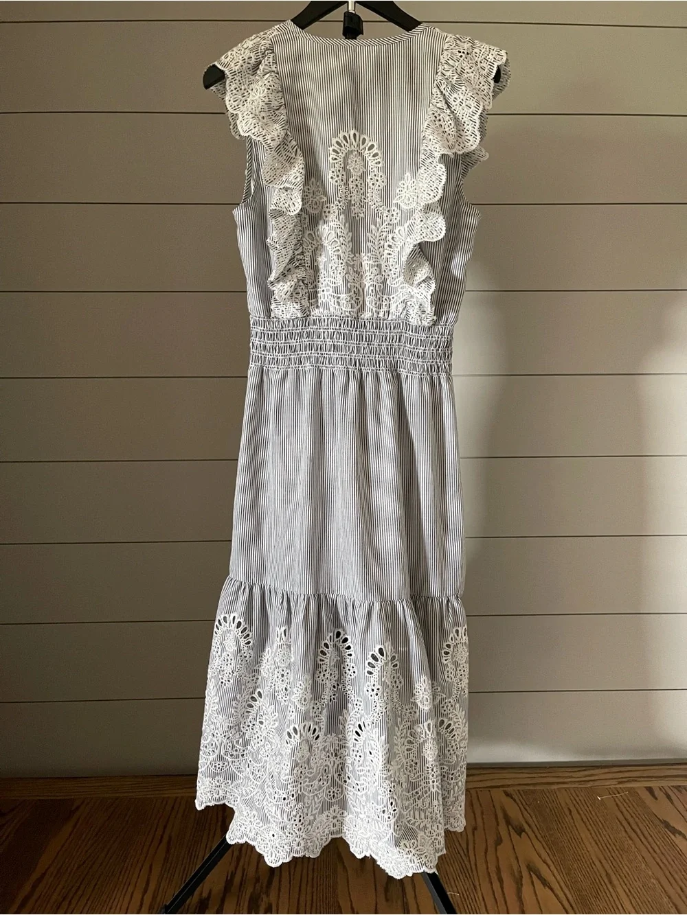 SAYLOR Maliyah White Dress with Gray Pinstripes and Lace Eyelet - Picture 5 of 6